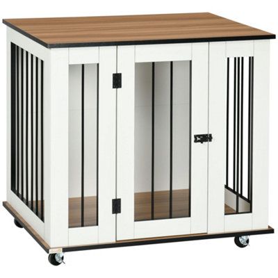 PawHut Dog Crate Furniture with Wheel for Medium Dogs, 80 x 60 x 76.5cm - White