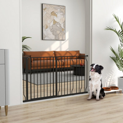 View of PawHut Dog Gate Wide Stair Gate w/ Door Pressure Fit, 75-145W cm, Black