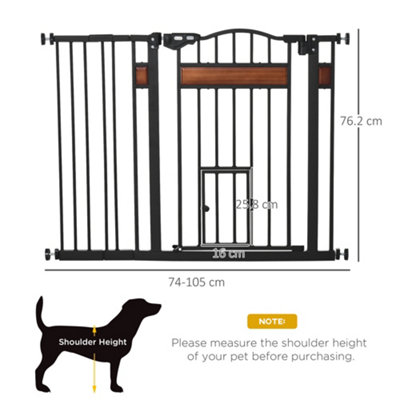 PawHut Dog Gate with Cat Flap Pet Safety Gate, Auto Close Double Locking Pine Wood Decoration, 74-105 cm Wide, Black