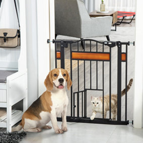 PawHut Dog Gate with Cat Flap Pet Safety Gate, Auto Close Double Locking Pine Wood Decoration, 74-80 cm Wide, Black