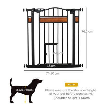 PawHut Dog Gate with Cat Flap Pet Safety Gate, Auto Close Double Locking Pine Wood Decoration, 74-80 cm Wide, Black