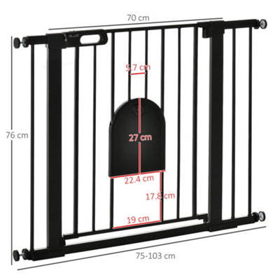 PawHut Dog Gate with Cat Flap Pet Safety Gate Barrier, Stair Pressure Fit, Auto Close, Double Locking, 75-103 cm Black