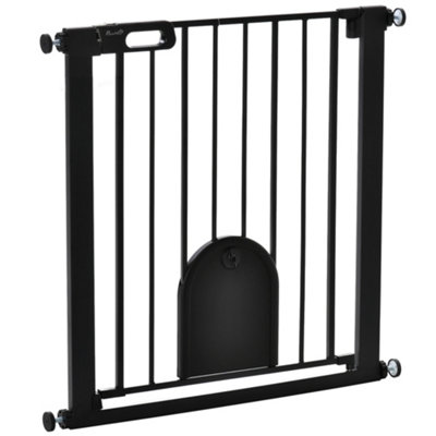 PawHut Dog Gate with Cat Flap Pet Safety Gate Barrier Stair Pressure Fit Auto Close Double Locking 75 82 cm Black DIY at B Q