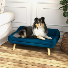 PawHut Dog Sofa Bed Raised Couch with Wooden Frame and Soft Cushion, Blue