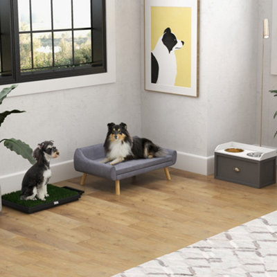 PawHut Dog Sofa Bed Raised Couch with Wooden Frame and Soft Cushion Grey