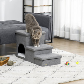 PawHut Dog Steps for Bed, 3 Step Pet Stairs with Kitten House and 2 Storage Boxes, 3 in 1 Dog Ramp for Sofa