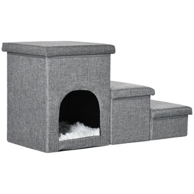 PawHut Dog Steps for Bed, 3 Step Pet Stairs with Kitten House and 2 Storage Boxes, 3 in 1 Dog Ramp for Sofa