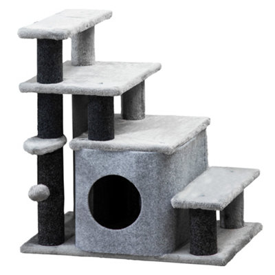 PawHut Dog Steps for Bed 4 Step Pet Stairs Cat House with Detachable Cover, Cat ladder for Sofa w/ Hanging Balls - Grey
