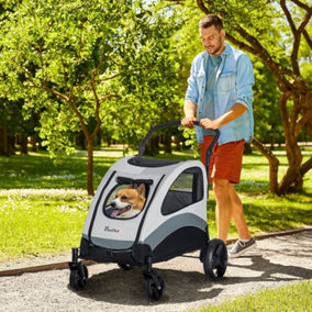 PawHut Dog Stroller Pet Pushchair Buggy Pram W/ 4 Wheels Safety Leash, Grey