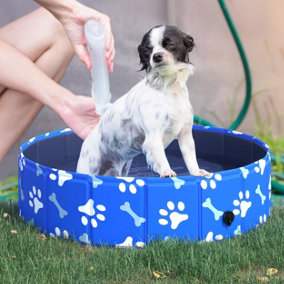 PawHut Dog Swimming Pool Foldable Pet Bathing Shower Tub Padding Pool Dia80cm S- Blue