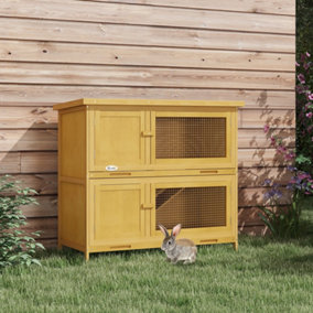 PawHut Double Decker Rabbit Hutch Bunny Cage Pet House Outdoor W/ Tray, Yellow
