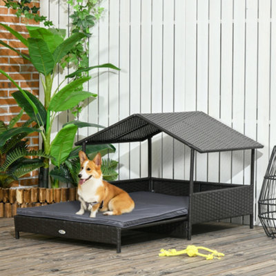 PawHut Extendable Rattan Dog House w Water Resistant Roof Cushion Grey