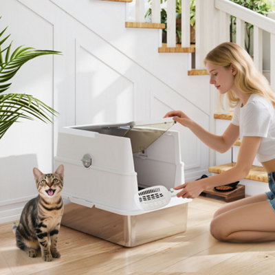 Cat PawHut Stainless Steel With Removable Lid, Scoop White One