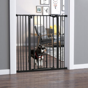 PawHut Extra Tall Dog Gate with Cat Flap, Pet Safety Gate for Doorways Stairs, 104 cm Tall 74-101 cm Wide, Black
