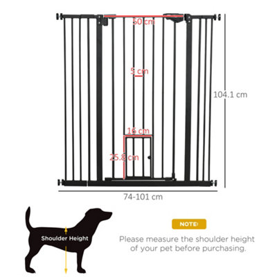 PawHut Extra Tall Dog Gate with Cat Flap, Pet Safety Gate for Doorways Stairs, 104 cm Tall 74-101 cm Wide, Black