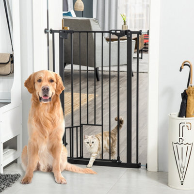 PawHut Extra Tall Dog Gate with Cat Flap, Pet Safety Gate for Doorways Stairs, 104 cm Tall 74-80 cm Wide, Black