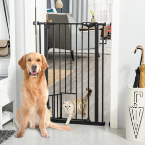 PawHut Extra Tall Dog Gate with Cat Flap, Pet Safety Gate for Doorways Stairs, 104 cm Tall 74-80 cm Wide, Black