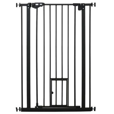 PawHut Extra Tall Dog Gate with Cat Flap, Pet Safety Gate for Doorways Stairs, 104 cm Tall 74-80 cm Wide, Black