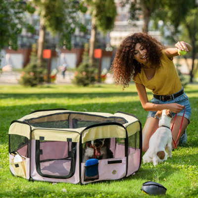 PawHut Fabric Pet Whelping Box Dog Cat Puppy Playpen Rabbit Guinea Pig Play Pen in Pink With Carry Bag Small Dia 90 x 41Hcm DIY at B Q