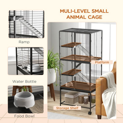 PawHut Ferret Cage 136cm Rolling Small Animal Cage w 3 Doors Storage Shelf