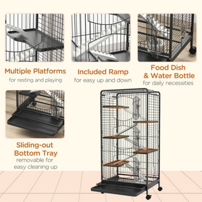 PawHut Five-Level Small Animal Cage w. Ramps, Bowl, Water Bottle, Tray, Wheels