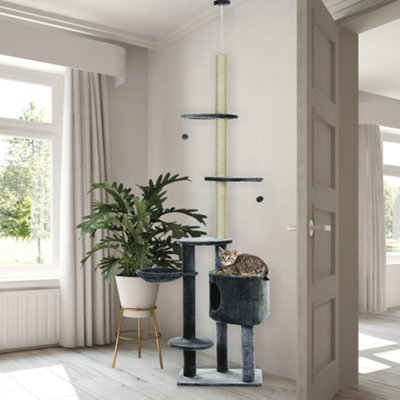 PawHut Floor to Ceiling Cat Tree Adjustable Height 220-265cm, Dark Grey