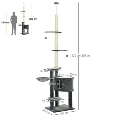 PawHut Floor to Ceiling Cat Tree Adjustable Height 220-265cm, Dark Grey