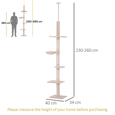 PawHut Floor to Ceiling Cat Tree for Indoor Cats 5-Tier Kitty Tower Climbing Scratching Post Adjustable Height 230-260 cm - 3