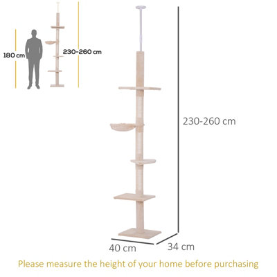 PawHut Floor to Ceiling Cat Tree for Indoor Cats 5-Tier Kitty Tower Climbing Scratching Post Adjustable Height 230-260 cm