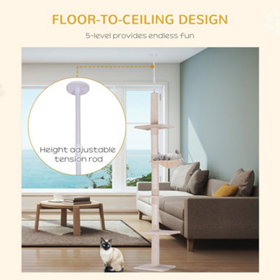 PawHut Floor to Ceiling Cat Tree for Indoor Cats 5-Tier Kitty Tower Climbing Scratching Post Adjustable Height 230-260 cm - 7