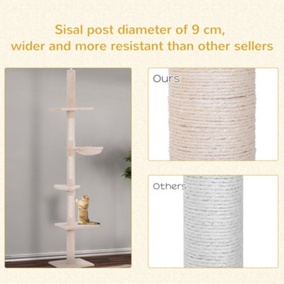 PawHut Floor to Ceiling Cat Tree for Indoor Cats 5-Tier Kitty Tower Climbing Scratching Post Adjustable Height 230-260 cm - 5
