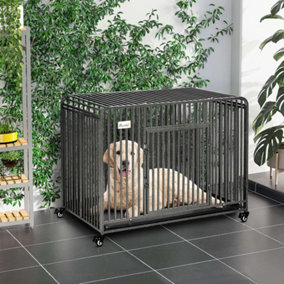 PawHut Foldable Heavy Duty Dog Crate, Dog Cage on Wheels, Portable Dog Kennel w/ Removable Tray, for Medium and Large Dogs