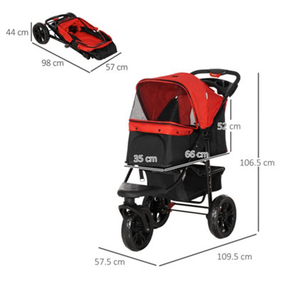 PawHut Folding 3 Wheel Pet Stroller Travel Adjustable Canopy Storage Brake Red - 3