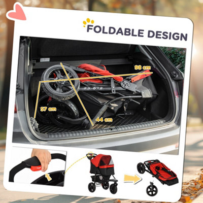 PawHut Folding 3 Wheel Pet Stroller Travel Adjustable Canopy Storage Brake Red - 4