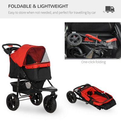 PawHut Folding 3 Wheel Pet Stroller Travel Adjustable Canopy Storage Brake Red