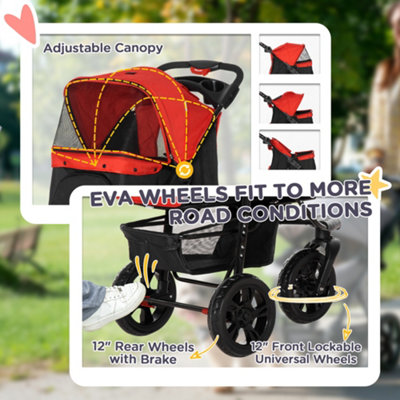 PawHut Folding 3 Wheel Pet Stroller Travel Adjustable Canopy Storage Brake Red - 5