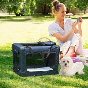 PawHut Folding Pet Carrier Bag House W/ Cushion Storage, Dark Blue 60x41.5x41cm