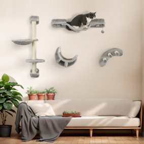 PawHut Four-Piece Cat Wall Furniture w/ Hammock, Ladder, Platforms, Steps - Grey