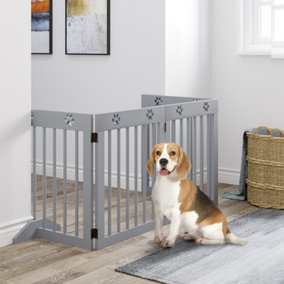 PawHut Freestanding Pet Gate 4 Panel Folding Safety Fence with Support Feet up to 204cm Long 61cm Tall for Doorway Stairs Light