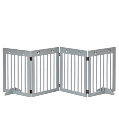 PawHut Freestanding Pet Gate 4 Panel Folding Safety Fence with Support Feet up to 204cm Long 61cm Tall for Doorway Stairs Light