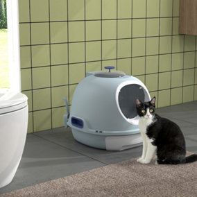 PawHut Futuristic Capsule-Shaped Cat Litter Box w/ 2 Doors Scoop Drawer Blue
