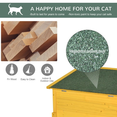 Pawhut Garden Wooden Cat House Hide Cage Outdoor Pet Play Home Water-resistant Roof Kitty Shelter Kennel w/ith Door & Window - 6