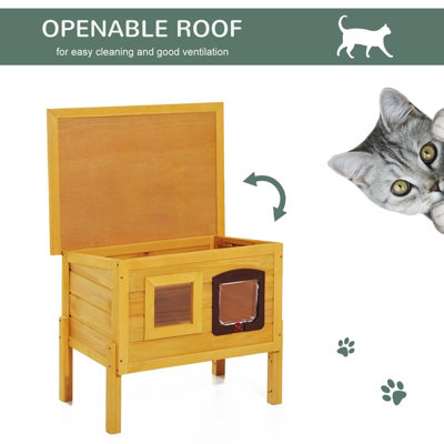 Pawhut Garden Wooden Cat House Hide Cage Outdoor Pet Play Home Water-resistant Roof Kitty Shelter Kennel w/ith Door & Window - 7