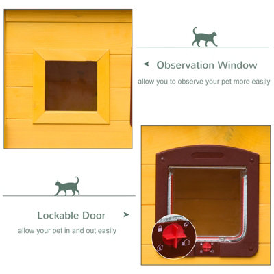 Pawhut Garden Wooden Cat House Hide Cage Outdoor Pet Play Home Water-resistant Roof Kitty Shelter Kennel w/ith Door & Window - 5