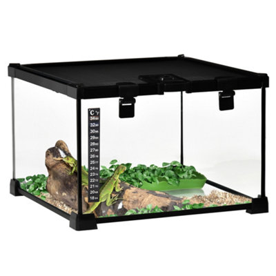 PawHut Glass Reptile Terrarium Insect Breeding Tank Vivarium Habitats with Thermometer for Lizards, Horned Frogs, Snakes-Small