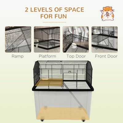Pawhut Hamster Cage, Gerbilarium Cage, Wooden Ramp, Exercise Wheel, Food Bowl, Natural Tone And White