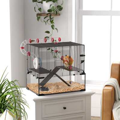 PawHut Hamster Cage w/ Tubes, Ramps, Platforms, Hut, 60 x 40 x 57cm ...