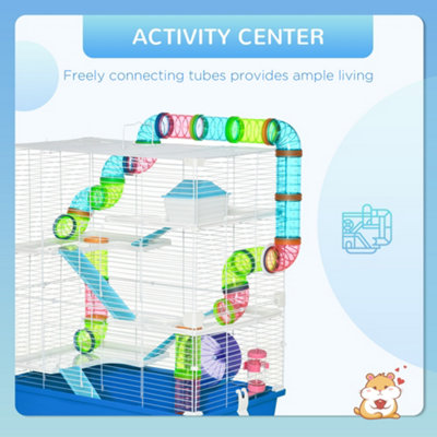 Picture of PawHut Hamster Cage w/ Water Bottle, Exercise Wheel, Tubes, Ramps - Blue