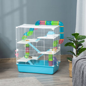 PawHut Hamster Cage w/ Water Bottle, Exercise Wheel, Tubes, Ramps-Light Blue