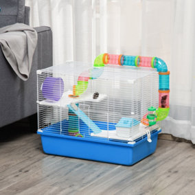 PawHut Hamster Cage with Tubes Tunnel 3 Level Rodent House with Exercise Wheel, Water Bottle, Food Dish, Ramp